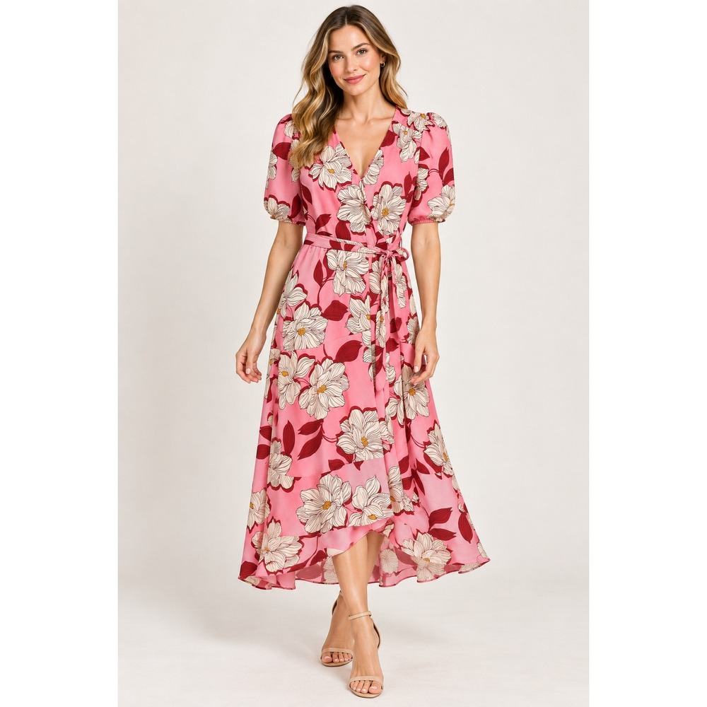 Draper James Pink Floral Wrap Dress Short Sleeve Midi S7005BBS Small NWT